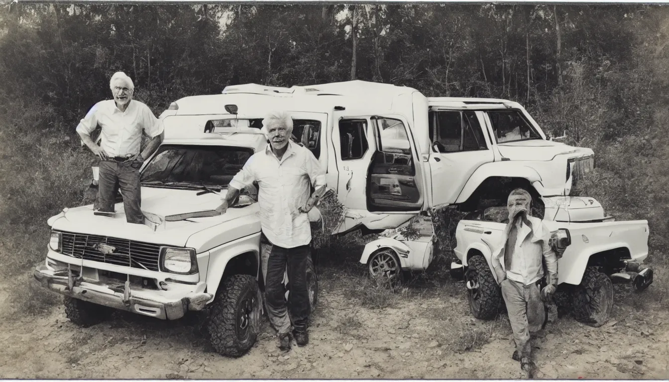 Prompt: old, scratched polaroid picture of old white haired man posing near his extremely lifted offroad suv very detailed, 8 k