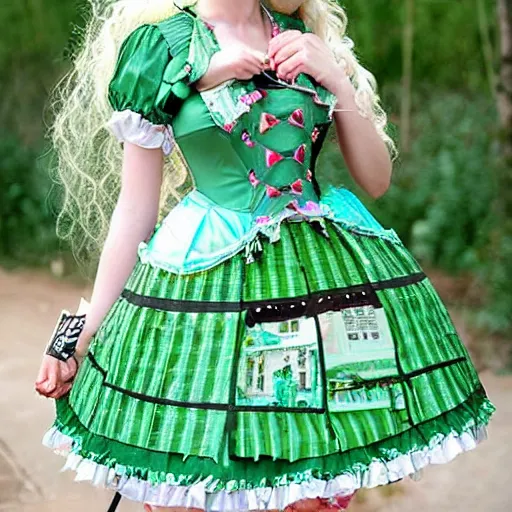 Image similar to A solarpunk-themed lolita outfit ; the fabric has pictures of windmills, solar panels and tall eco-friendly green buildings covered in leaves. A beautiful lolita dress, themed for a lush green eco-friendly utopian future city. Angelic Pretty