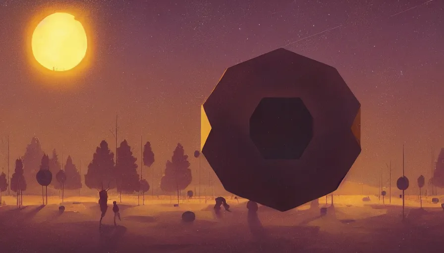 Prompt: hexagon floating in space in front of the sun, simon stalenhag