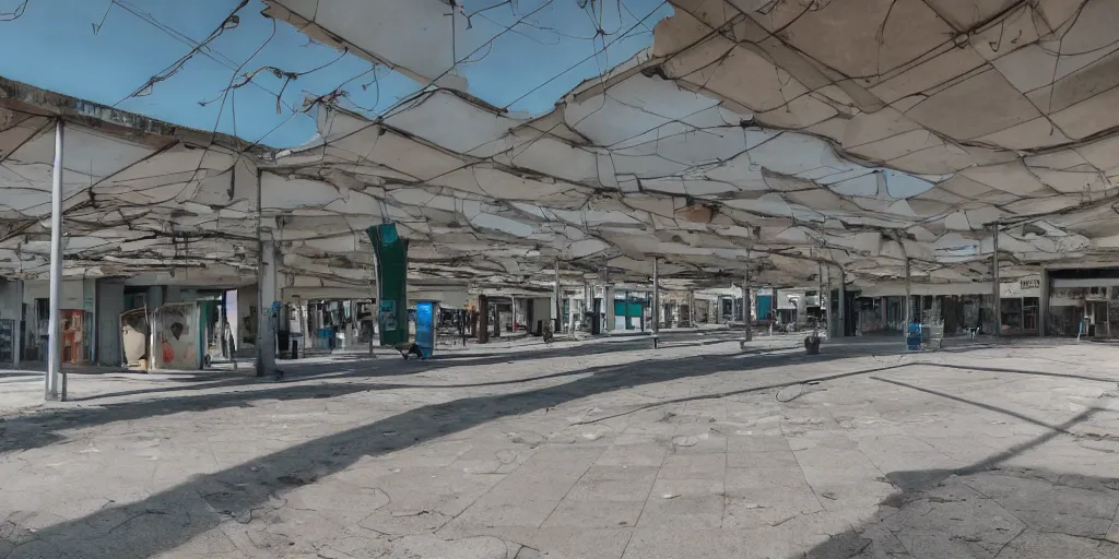 Image similar to an old and abadoned israeli bus station in tel aviv, without people, noon, sunlights, wide shot, digital art, ghibli style, makoto shinkai, flat colors