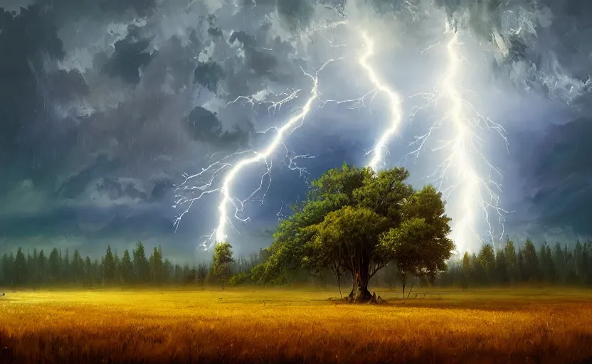 Image similar to lightning strikes a tree in the middle of a field, fantastic landscape, hyperrealism, no blur, 4k resolution, ultra detailed, style of Anton Fadeev, Ivan Shishkin, John Berkey