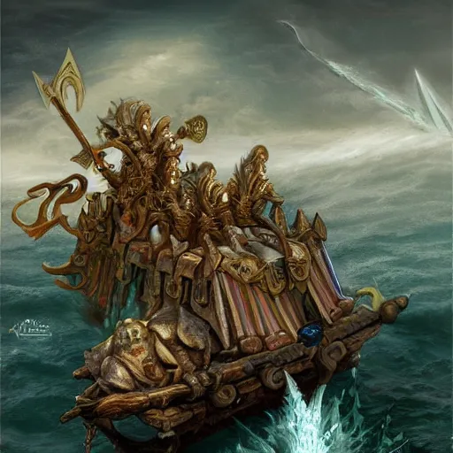 Prompt: the sword dragnipur, which contains a wagon fleeing from the sea of chaos, fantasy art