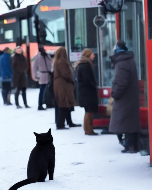 Prompt: cat standing up, cat standing on its hind legs, in line with people at a bus stop in winter copenhagen, as seen on reddit, photograph