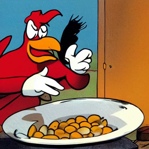 Prompt: foghorn leghorn eating a pile of eggs