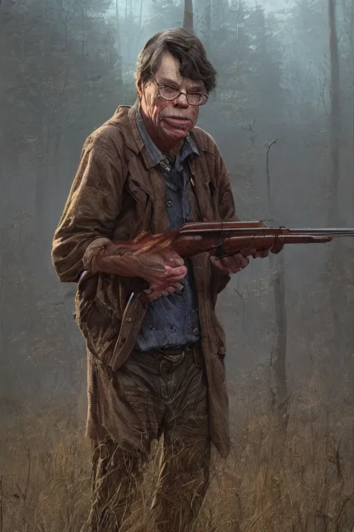 Prompt: stephen king as hillbilly with shotgun, village, intricate, highly detailed, smooth, artstation, digital illustration by Ruan Jia and Mandy Jurgens and Artgerm and Wayne Barlowe and Greg Rutkowski and Zdislav Beksinski