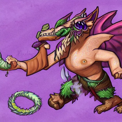 Prompt: purple dragon tames a gnome, happy fantasy illustration