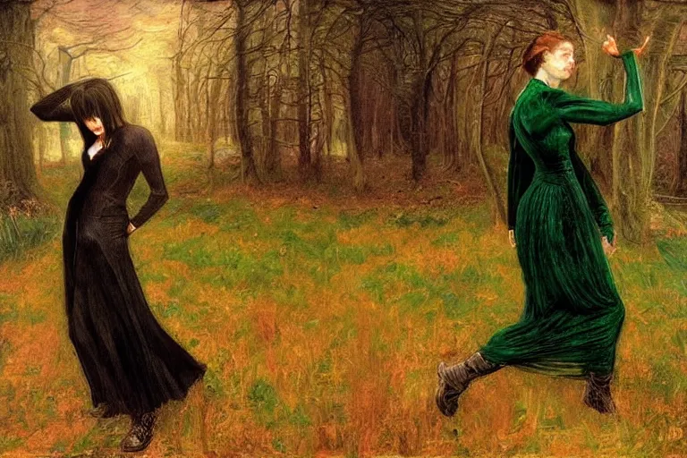 Image similar to neo dodging bullets in the matrix painted in the style of john everett millais, lush, romanticism, botanical