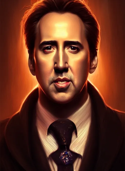 Image similar to portrait of nicholas cage, intricate, elegant, glowing lights, highly detailed, digital painting, artstation, glamor pose, concept art, smooth, sharp focus, illustration, art by artgerm and greg rutkowski, artey freytag