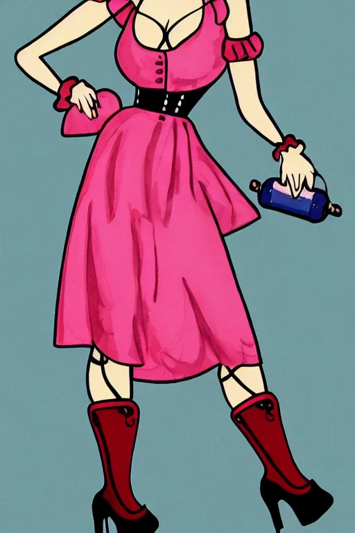 Prompt: a Marvelous Designer render of a 1998 fashion illustration of a Dutch milkmaid costume with a cowbell choker and exposed midriff. drag queen, campy. Cow Costume with Udders, comical. Cloven Hoof High-Heeled Boots. Puff sleeves, ruched bodice.