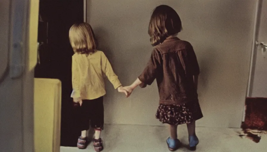 Image similar to 7 0 s film still from a horror movie with small child and elderly adult holding hands inside of a liminal space, back room, kodachrome, cinecolor, cinestill, photorealism, cinematic, film grain, film texture, vhs recording