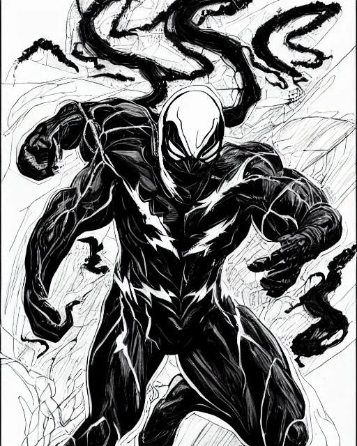 Prompt: venom as the flash, dynamic lighting, fantasy concept art, trending on art station, stunning visuals, creative, cinematic, ultra detailed, terrifying, black lightning, comic strip style