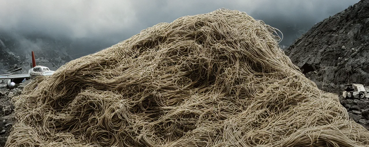 Image similar to a plane crashed into a mountain of spaghetti, world war 2, cloudy, small details, intricate, canon 5 0 mm, high detail, intricate, cinematic lighting, photography, wes anderson, film, kodachrome