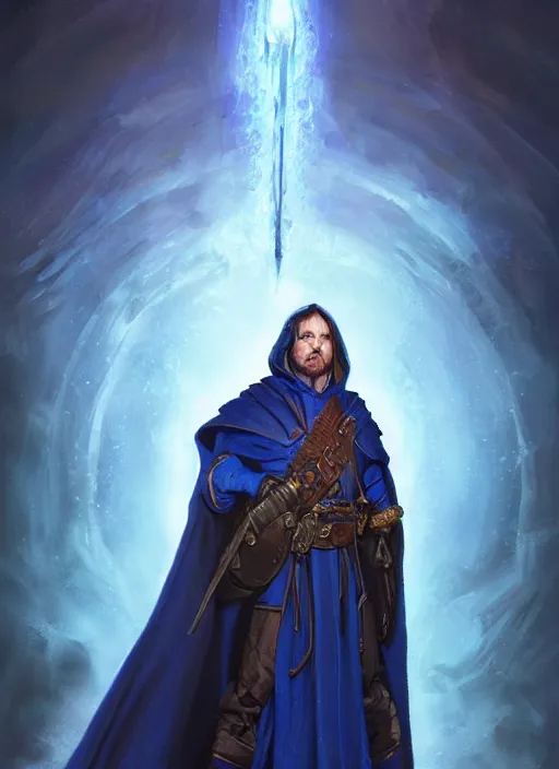 Image similar to dark blue cloak male priest, ultra detailed fantasy, dndbeyond, bright, colourful, realistic, dnd character portrait, full body, pathfinder, pinterest, art by ralph horsley, dnd, rpg, lotr game design fanart by concept art, behance hd, artstation, deviantart, hdr render in unreal engine 5