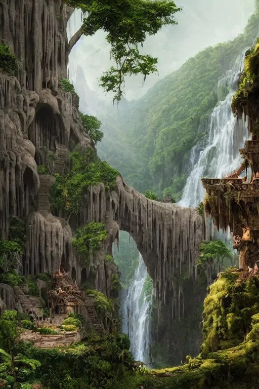 Image similar to carved into a Mountain a temple above a waterfall, arches adorned pillars, archways, gnarly trees, lush vegetation, forrest, a small stream runs beneath the waterfall, landscape, raphael lacoste, eddie mendoza, alex ross, concept art, matte painting, highly detailed, rule of thirds, dynamic lighting, cinematic, detailed, denoised, centerd