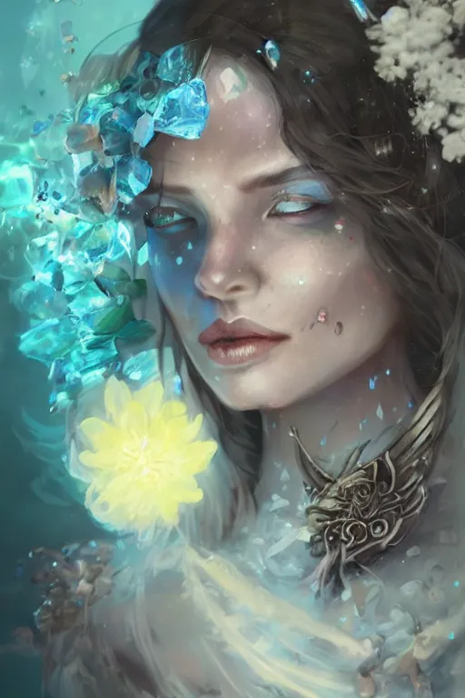 Image similar to face closeup of beautiful girl necromancer, witch - doctor covered with crystals exploding into ice, 3 d render, hyper realistic detailed portrait, holding magic flowers, ruan jia, wlop. scifi, fantasy, hyper detailed, octane render, concept art, peter mohrbacher