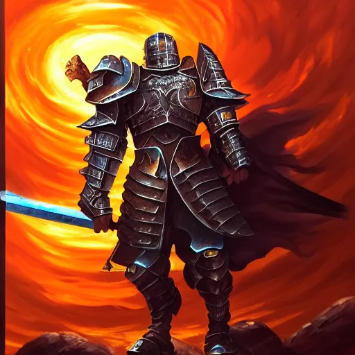 Image similar to A highly detailed matte acrylic painting of a heavily armored paladin wielding a very bright glowing gold sword, fighting in a huge battle at dusk.