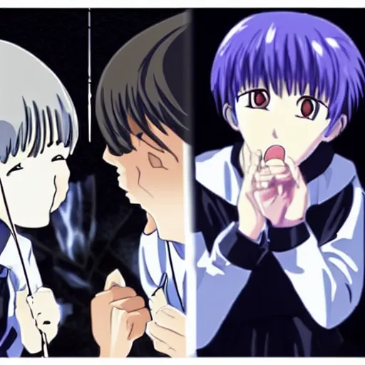 Prompt: rei ayanami eats shinji ikari