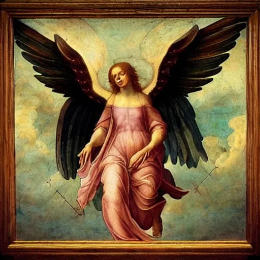 Prompt: “ archangel anahuel soaring into the sky towards heaven, renaissance art style by leonardo davinci, highly detailed fresco paining, pastel colors, faded curled scroll - like edges, featured in louvre museum ”