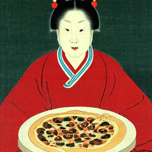 Prompt: the Chinese ancient painting of a lady eating a pizza in Tang Dynasty , by Han Xizai