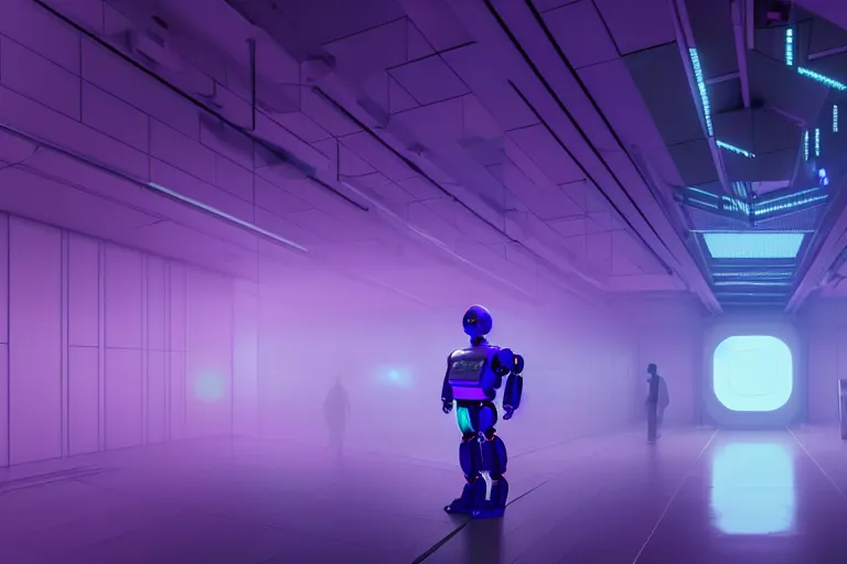 Prompt: humanoid robot in a server room, purple and blue color scheme, dan mumford, inception, blade runner, the fifth element, fisheye, volumetric octane render, by ruan jia and ross tran, malevich