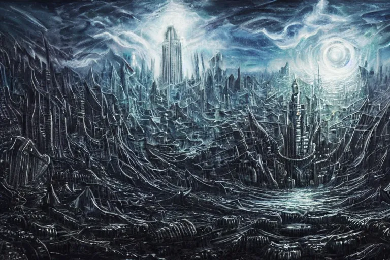 Image similar to man is seeing old god eldritch horror cthulhu terrifying the night sky of a modern city with tall buildings, epic scene, hyper - detailed, gigantic cthulhu, photo - realistic wallpaper, dark art, oil paint