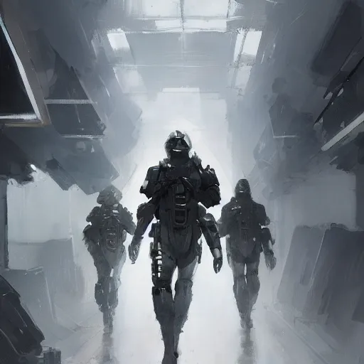 Prompt: concept art by greg rutkowski, soldiers wearing futuristic white and black tactical gear, running through a brutalist futuristic interior, dim lighting, detailed portraits, stressfull atmosphere, scifi, digital painting, artstation, concept art, smooth, sharp foccus ilustration, artstation hq