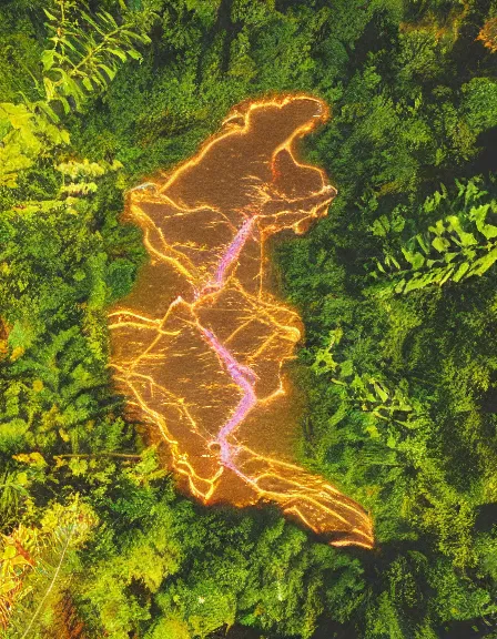 Image similar to vintage color photo of aerial view of a giant 1 1 0 million years old abstract sculpture made of light beams and liquid gold covered by the jungle vines