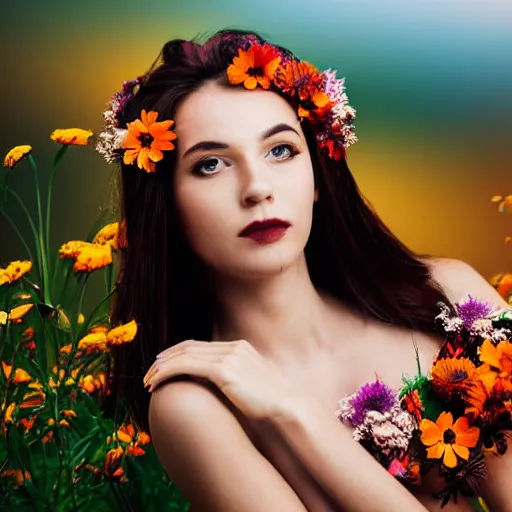 Image similar to beautiful woman built with flowers in a scenery that evokes reverie and sunset.