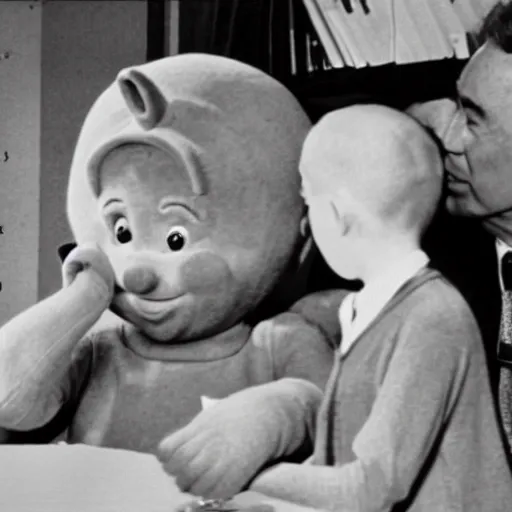 Image similar to color photo of robert oppenheimer debating with teletubbies