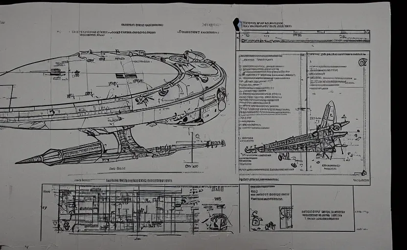 Image similar to space ship operation manual, instructions, blueprint, 1 9 8 0 s, ridley scott, worn and old manual, detailed schematics, science fiction