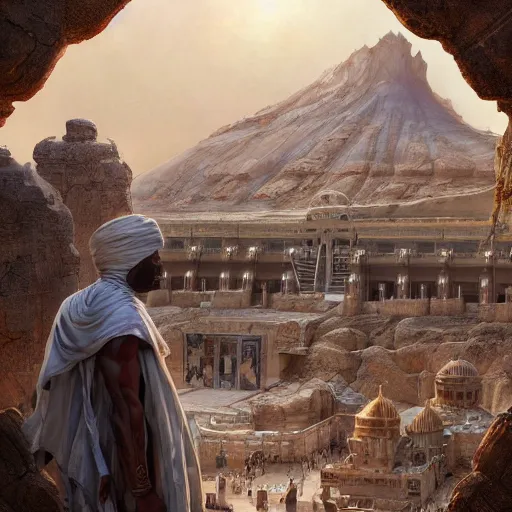 Image similar to an african moor wearing white robes and turban in the valley of the kings, ornate steampunk stargate, front game card, marvel comics, dark, intricate, highly detailed, smooth, artstation, digital illustration by ruan jia and mandy jurgens and artgerm and wayne barlowe and greg rutkowski and zdislaw beksinski.