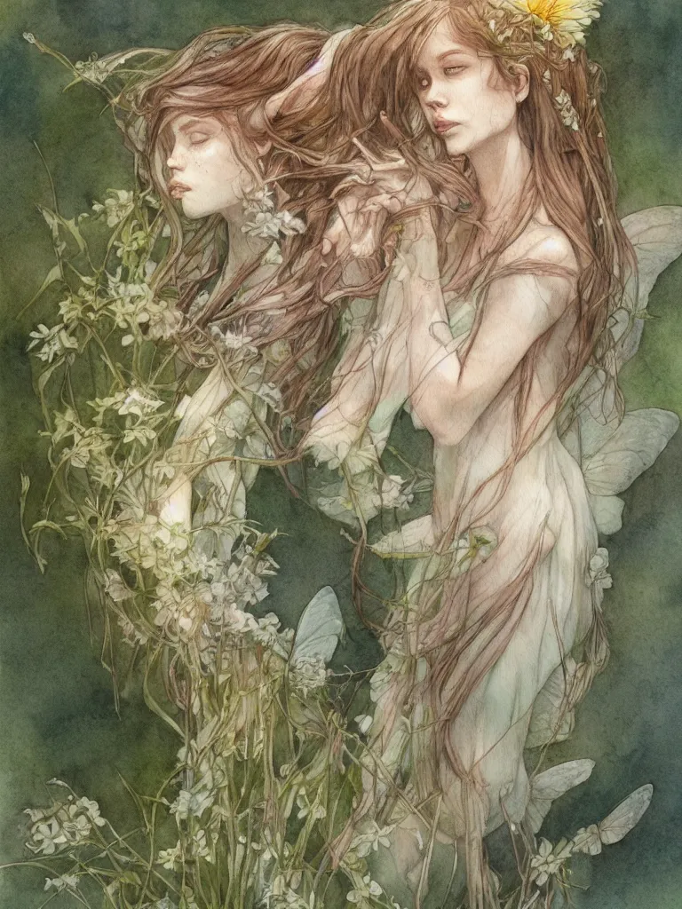 Image similar to study of a flower fairy, illustration, watercolor, alan lee, detailed, pretty, ethereal, realistic, artstation,