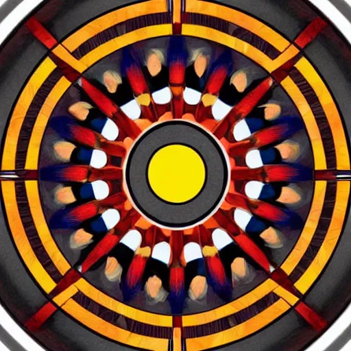 Image similar to a circular piece of wood with a pattern of red yellow and grey - blue eye shapes, radial symmetry, intricate, highly detailed