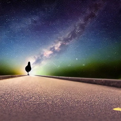 Image similar to a duck, walking on the road, looking up at the sky, milky way, starry sky, art station trend, close - up view