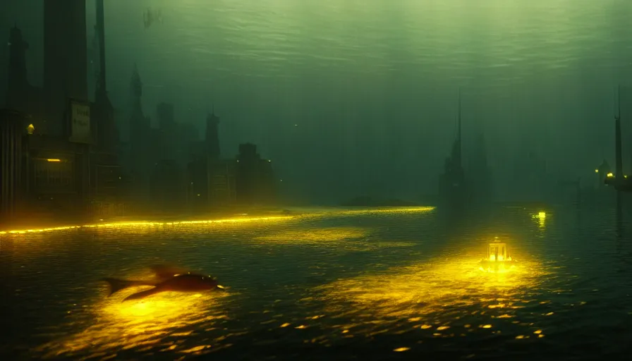 Image similar to a city underwater, landscape shot, small fish swimming around, yellow lights, by jmw turner, cold colors, highly detailed, moody lighting, bioshock style, octane render, 4 k, 8 k, ultrarealistic