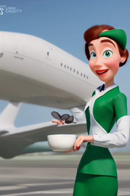 Prompt: portrait of female flight attendant green eyes holding white teacup with plane cabin in background, full body. pixar disney 4 k 3 d render funny animation movie oscar winning trending on artstation and behance, ratatouille style