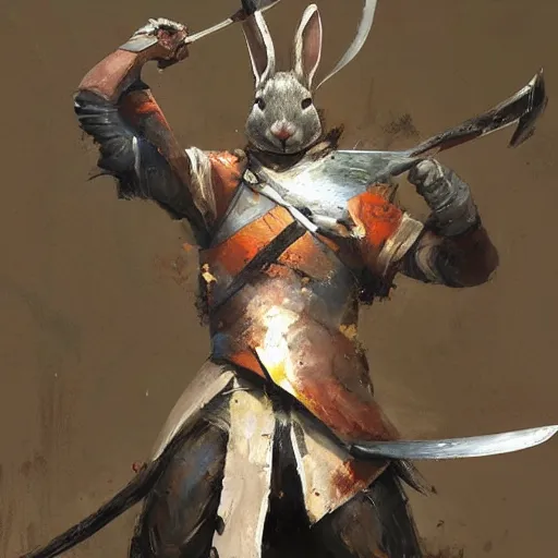 Image similar to rabbit warrior - swordsman, brush strokes, oil painting, greg rutkowski