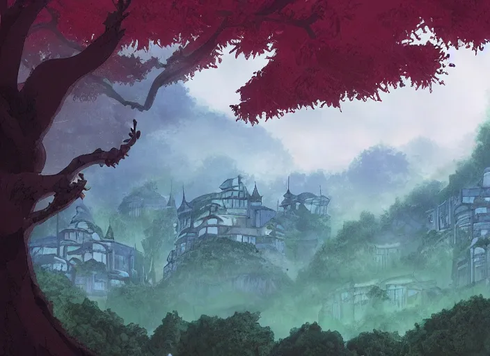 Prompt: a great village high in the trees, fantasy landscape, foggy, art by studio ghibli