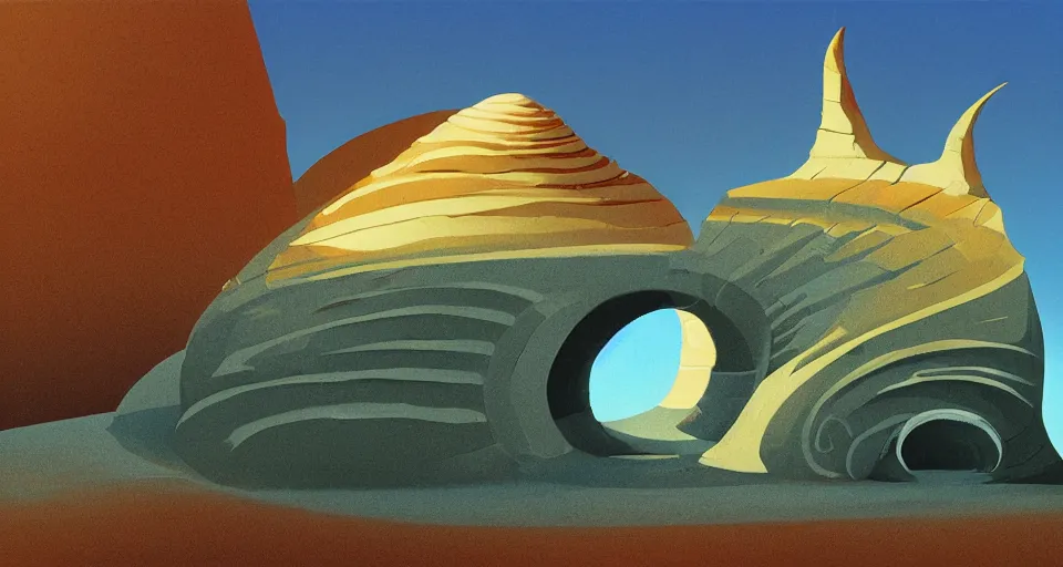 Image similar to digital painting of a tiny sacred spiral, procedural seashell house architecture on top of a rock, by roger dean, syd mead, cell shaded graphics, concept art, minimalist, golden ratio