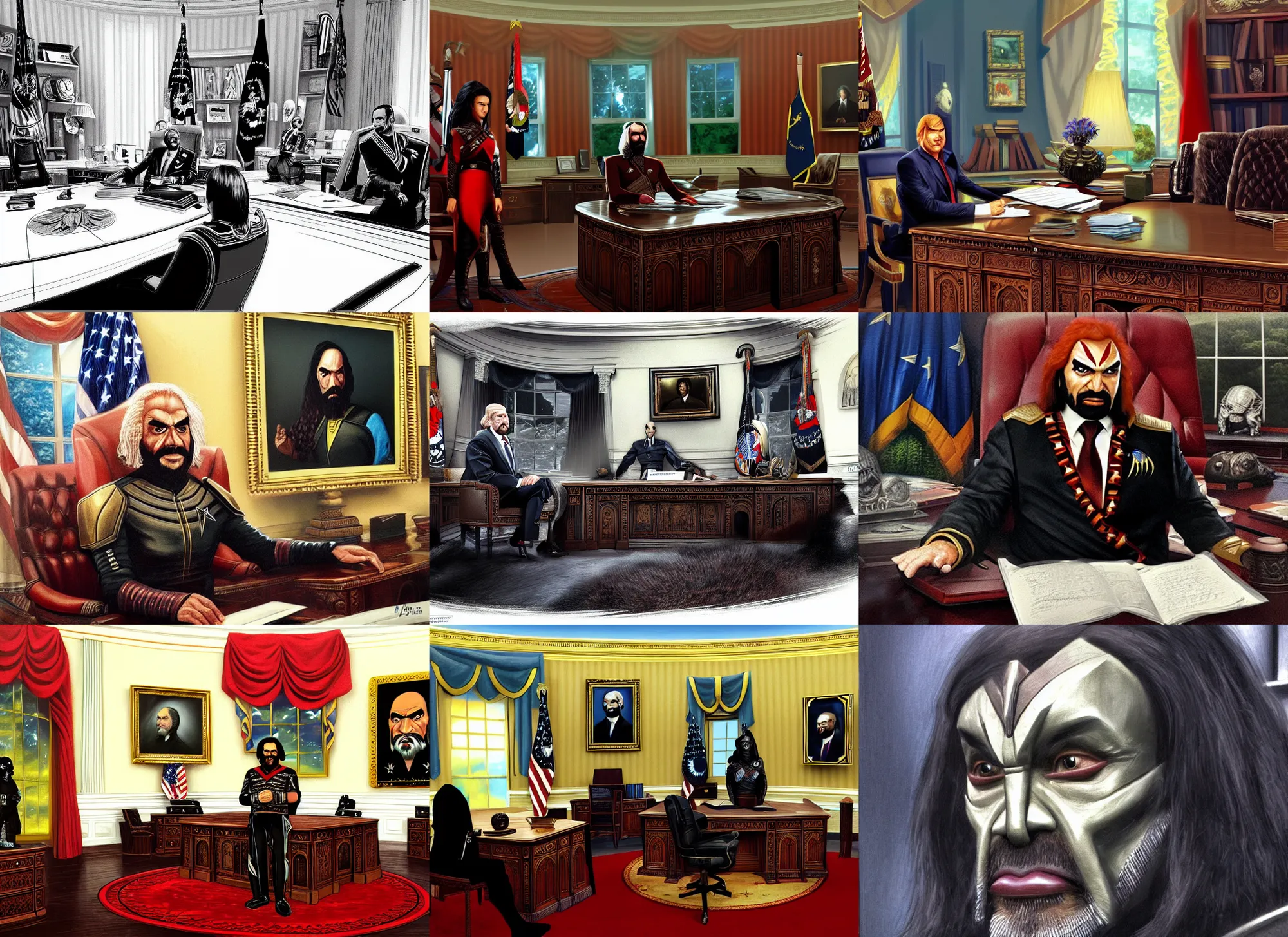 Prompt: a klingon as president of the united states, in the oval office, ( ( photorealism ) ), moody, realistic, detailed