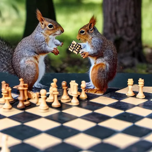 Image similar to squirrels playing chess on a stone table, a crowd watching on