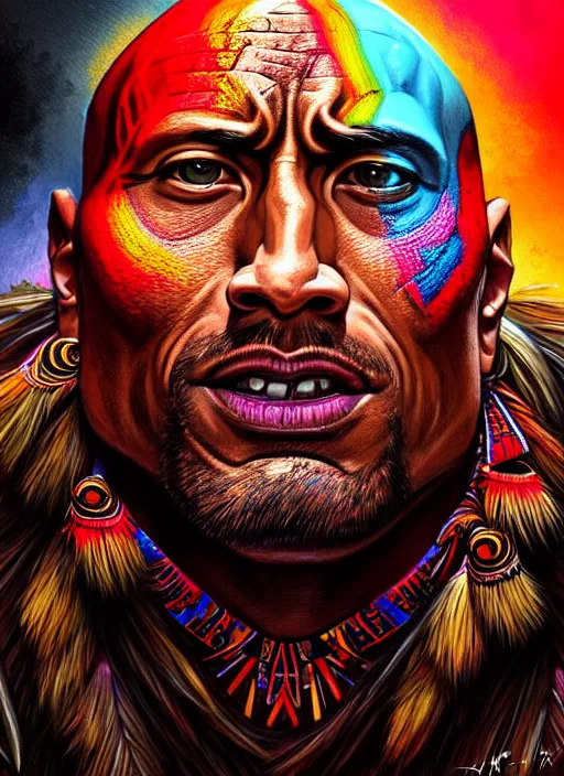 Image similar to portrait of dwayne johnson, hyper detailed ultra sharp aztec shaman warrior. trending on artstation, warpaint aesthetic, bloodwave, colorful, psychedelic, ornate, intricate, digital painting, concept art, smooth, sharp focus, illustration, art by artgerm and greg rutkowski and h. r. giger, 8 k