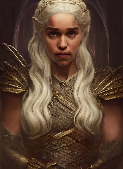 Image similar to cinematic portrait painting daenerys targaryen in fantastic dress aside dragon, royally decorated crystal gemstones incrustations, medium shot, clear symmetrical face enhancement, by lawrence alma - tadema, jaime jones, greg rutkowski, volumetric lights, deviantart contest winner, artstation, fantasy art, highly detailed, golden ratio