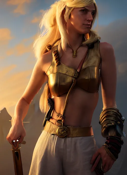 Image similar to An epic fantasy comic book style portrait painting of tall blonde haired female sky-pirate with a serious face and a pony tail in front of a metal gangplank, unreal 5, DAZ, hyperrealistic, octane render, cosplay, RPG portrait, dynamic lighting