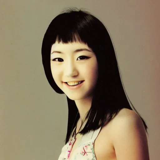 Image similar to 1 9 7 0 s record - album art of a young cute female japanese pop - idol who has yaeba slightly crooked teeth. high - quality high - resolution scanned image.