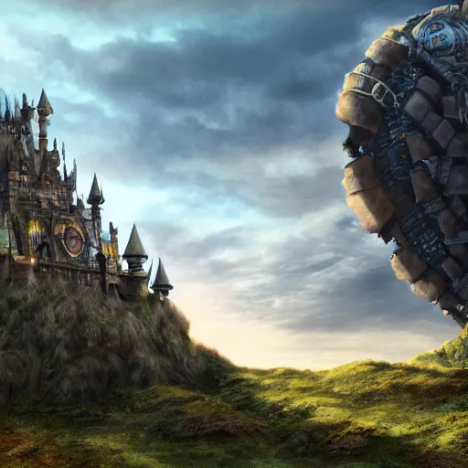 Image similar to large fantasy castle covering the top of the giant tortoise moving across harsh wasteland with sharp rays of sunlight, mortal engines howls moving castle, distant - mid - shot, fantasy, hyper detailed, 4 k