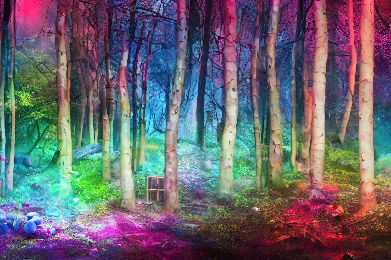 Image similar to deep colorful moody forest made of candy, lollipop trees, cotton candy bushes, big colorful rock candy boulders, gumdrop mushrooms, chocolate creek, gingerbread house. dark mood. mysterious realistic painting. photo collage, highly detailed, cinematic, hyperrealistic, artstation, dramatic lighting, god rays, clean crisp graphics, smooth sharp focus, extremely detailed