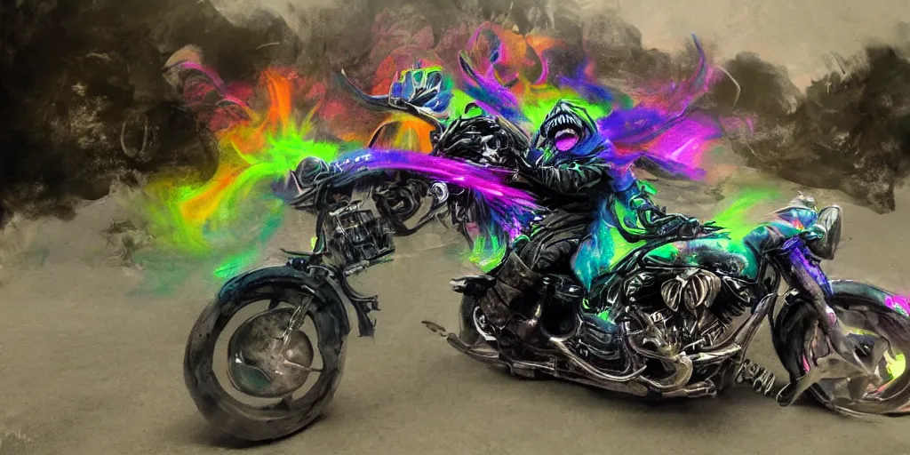 Image similar to high quality cinematic action shot of an orc doing a wheelie on a motorcycle, psychedelic blacklight airbrush art