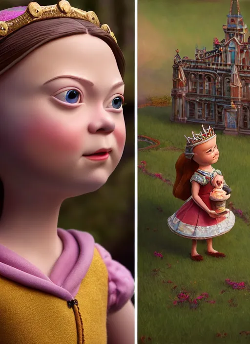 Image similar to highly detailed closeup, face profile portrait of greta thunberg as a tin toy fairytale princess wearing a crown eating cakes, bikini, unreal engine, nicoletta ceccoli, mark ryden, earl norem, lostfish, global illumination, detailed and intricate environment