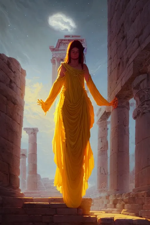 Prompt: possessed woman wearing an ancient greek tunic made of yellow paper, stephen bliss, unreal engine, fantasy art by greg rutkowski, rhads, ferdinand knab, makoto shinkai and lois van baarle, ilya kuvshinov, rossdraws, tom bagshaw, global illumination, radiant light, ancient greek temple ruins, red and blue theme